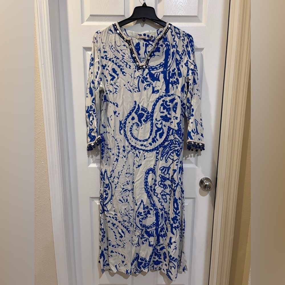 Soft Surroundings Creacendo Kaftan Mandi Dress in blue and white. Sz L - Picture 2 of 13